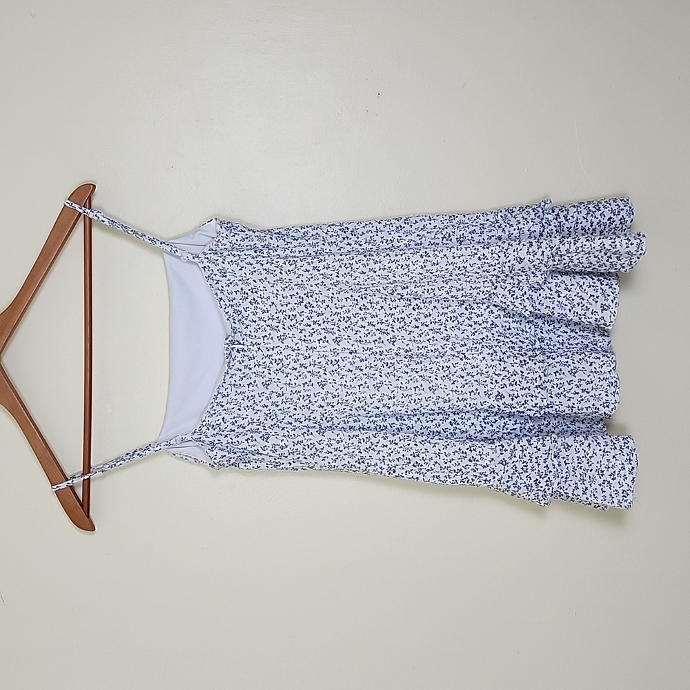 Polly Women's White with Small Blue Flowers, Spaghetti Strap, Lined Mini Dress - Picture 3 of 10